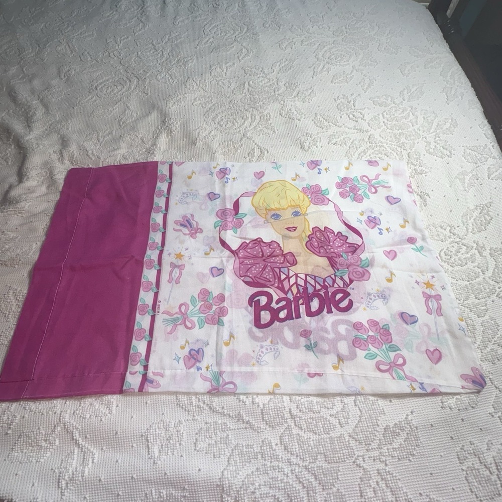 Barbie Twin Size Flat Sheet Skirt Curtain Panels Pillowcase VTG 1995 - Picture 4 of 16